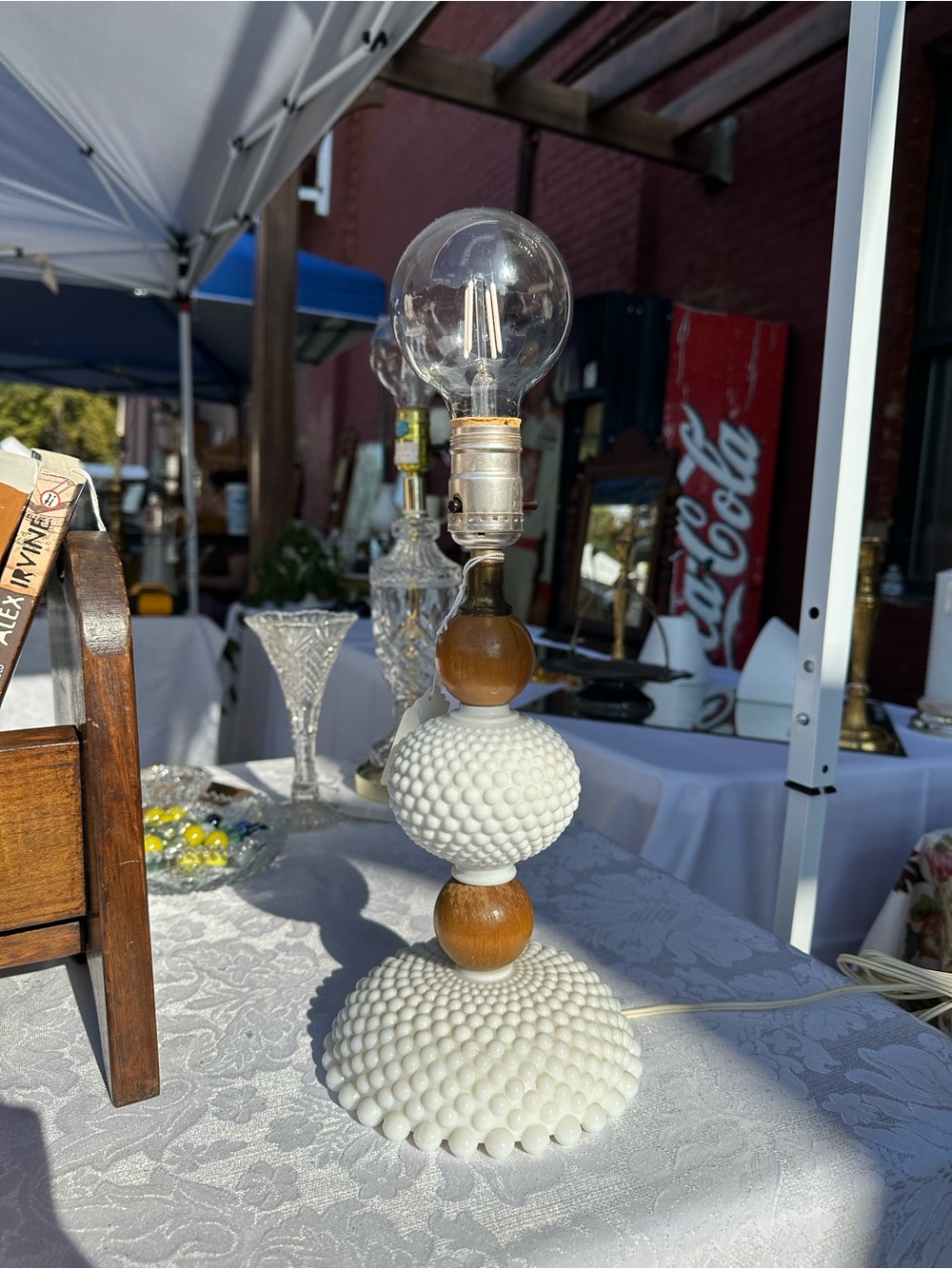 Vintage White Hobnail Table Lamp with Wood Accents